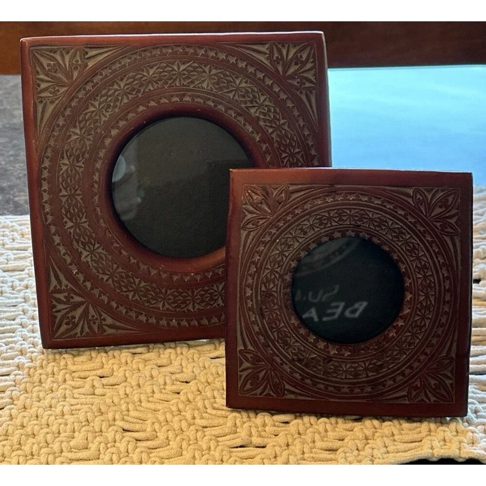 Set Of 2 Carved Mandala Style Square Picture‎ frame ornate raised Circle Glass